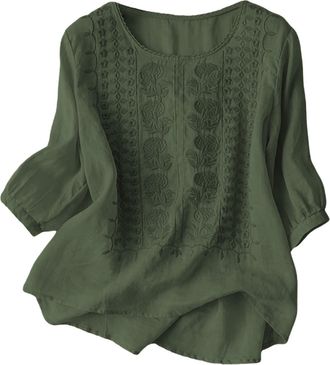 Generic Bohemian Embroidery Cotton Linen Mexican Round Neck Tops Womens Summer Boho Shirts Hippie Peasant Half Sleeves Casual Blouses Tunic Loose T Shirt Top 