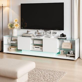 OEM Mueble De Tv 200 Cm, Led Regulable, Cajones Dobles, Simplicidad Moderna, Madera Y Vidrio Templado, Sal&oacute;n, 200 X 35 X 45 Cm, Blanco