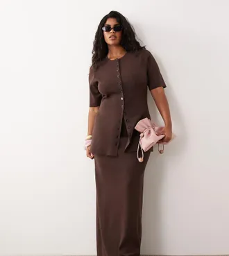 Pretty Lavish Curve Lilah - Gonna lunga in maglia color cioccolato in coordinato-Marrone