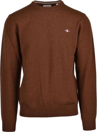 GANT Crewneck Pullover In Rich Brown Wool With Ribbed Details
