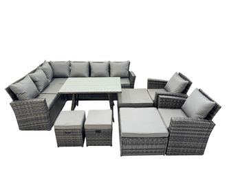 Fimous 11 Seat Rattan High Back Corner Sofa Set with 4 Stools 2 Chairs in Dark Grey