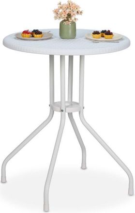 Relaxdays Relaxdays - Mesa Jard&iacute;n Efecto Rat&aacute;n, Redonda, 73 X 60 Cm, Mesita De Balc&oacute;n, Terraza O Exterior, Pl&aacute;stico Y Acero, Blanco