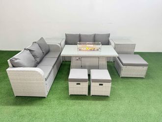 Fimous Outdoor Garden Furniture Sets 9 Seater Wicker Rattan Furniture Sofa Sets w/ Firepit Dining Table high Back Lounge Sofa 3 Stools 2 Side Table