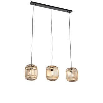 QAZQA R&uacute;stico L&aacute;mpara Colgante R&uacute;stica De Rat&aacute;n De 3 Luces - Manila /acero Cil&iacute;ndra /alargada /redonda Adecuado Para Led Max. 3 X 60 Watt - Qazqa