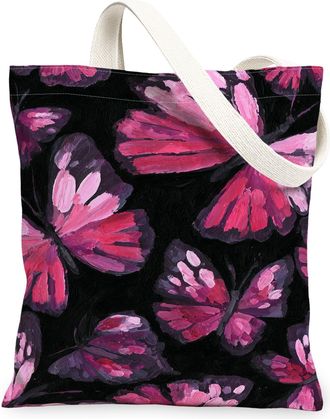 Generic Butterfly Canvas Tote Bags, Artistic Floral Pattern Reusable Grocery Bags, Vintage Lightweight Washable Shoulder Strap for, Peach, 13x15 Inch