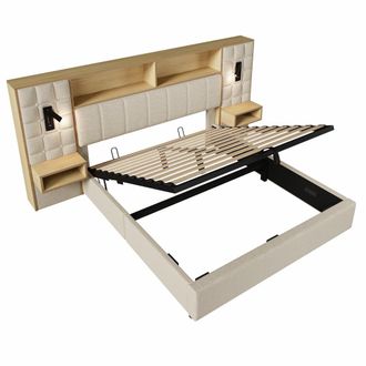 Urban Meuble Cama cofre king de lino beige con l&aacute;mpara y usb de 160x200 cm
