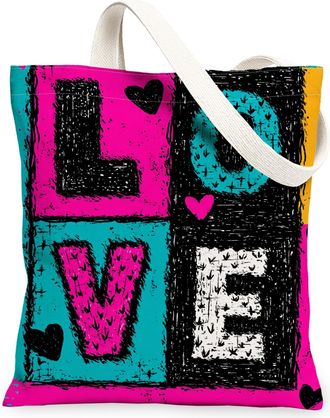 Generic Love Hearts Canvas Tote Bags, Colorful Graphic Pattern Reusable Shopping Bags, Fun Lightweight Washable Shoulder Strap Canv, Peach, 13x15 Inch