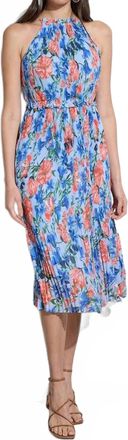 Elie Tahari Floral Halter Pleated Midi Dress In Blue Multi