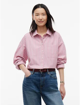 Tommy Hilfiger Womens Relaxed Fit Striped Poplin Pocket Shirt - Mystic Pink - XXS