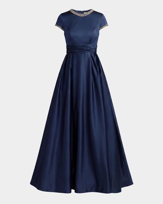 Mac Duggal Embellished Satin Cap-Sleeve Gown
