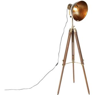QAZQA Qazqa Industrial L&aacute;mpara De Pie Industrial Tr&iacute;pode Bronce Con Madera - Mangos /acero Alargada Adecuado Para Led Max. 1 X 40 Watt