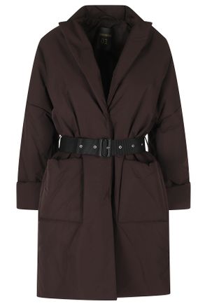 Semicouture Mocha Oversized Down Jacket with Lapel Neckline and Adjustable Belt