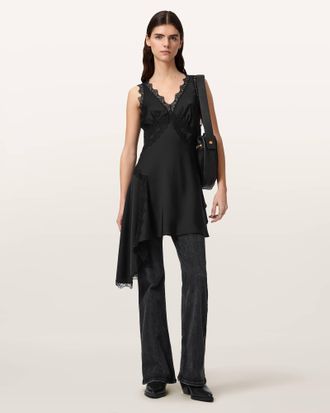 AllSaints Polyester Ilka Asymmetric Lace Mini Dress, Size: UK 14/US 10