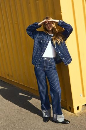 H&M Wide Ultra High Turn-up Jeans in Denim Blue/pinstriped at Nordstrom, Size 10
