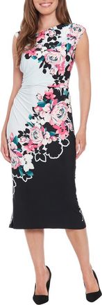 London Times Floral Ruched Cap Sleeve Midi Dress in Black/Pink at Nordstrom Rack, Size 16