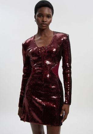 Karen Millen Womens Tall Sequin Power Mesh Lace Up Mini Dress - Burgundy - Size Small