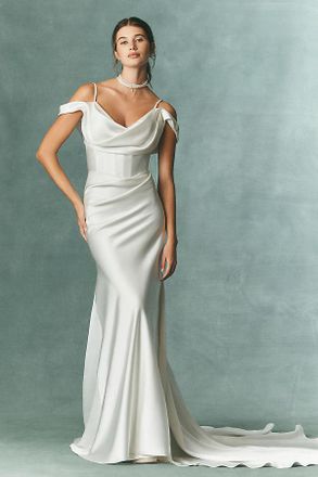 Watters Amaryliss Cowled Satin Column Wedding Gown