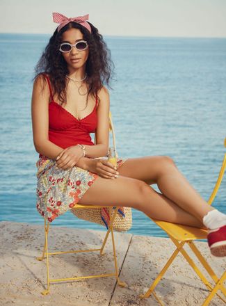 Twik Womens Embroidered lace and linen Cami Top