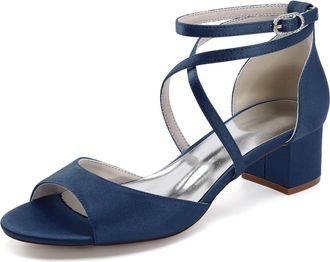 Generic Womens Block Heels Wedding Shoes Satin Bridal Low Heels Shoes Open Toe Ankle Strap Party Dress Heels Sandals 4.5Cm,Dark Blue,10 UK