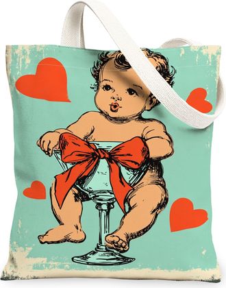 Generic Vintage Heart Pattern Canvas Tote Bags, Retro Baby Illustration Design Reusable Shopping Bags, Lightweight Washable Shoulde, Aqua, 13x15 Inch