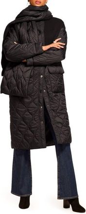 Ramy Brook Melanie Quilted Mixed Media Coat with Scarf in Black at Nordstrom, Size Xx-Small