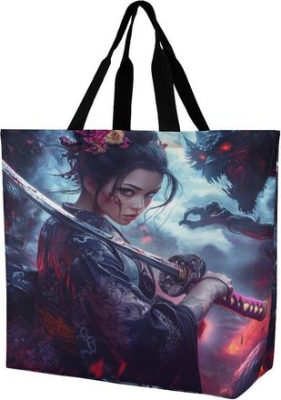 Generic Samurai Woman Reusable Shopping Bags Large Capacity Grocery Bag Heavy Duty Tote for Women 40x40x16cm