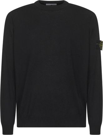 Stone Island Zwarte wollen trui met badge - Heren - Ronde hals truien - Zwart - XL - Wol - Truien & Vesten