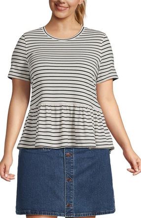 Lands End Short Sleeve Lightweight Jersey Crew Neck Peplum Tee in Ivory/black Stripes at Nordstrom, Size 2X