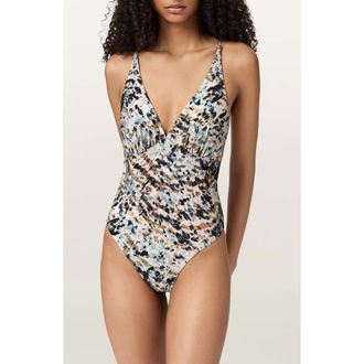 AllSaints Saph V-Neck One-Piece Swimsuit in Canter Fawn Brown at Nordstrom, Size 8