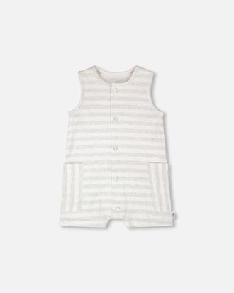Deux par Deux Sleeveless Cotton Striped Romper in White & Grey Stripes at Nordstrom, Size 24M