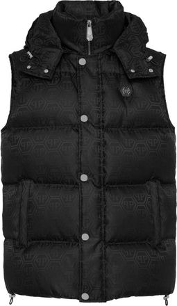 Philipp Plein Down Jacket Vest Monogram - Heren - Bodywarmers - Zwart - 3XL - Nylon - Jassen