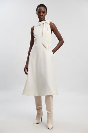 Karen Millen Bow Neck Midi Dress in Ivory at Nordstrom, Size 10