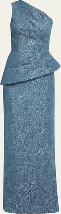 Teri Jon One-Shoulder Metallic Jacquard Peplum Gown