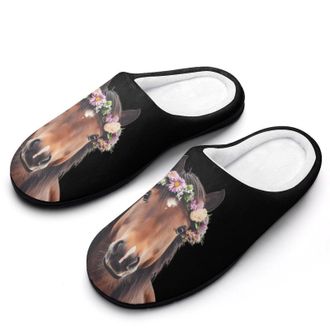 Generic Horse Animal with Flower Funny Mens Slippers Cotton Warm House Shoes Memory Foam Sandals Print Size 7-14