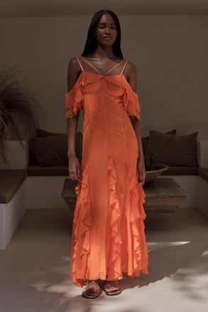 Karen Millen Womens Crinkle Beaded Cold Shoulder Maxi Dress - Orange - Size 12 UK