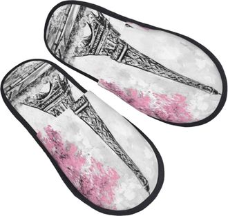 Generic Women Men Slippers Eiffel Tower Paris Pink Tree House Shoes Comfort Plush Bedroom Slipper Plush Fleece Lined House Slippers For Outdoor Indoor Spa M