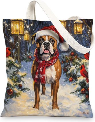 Generic Christmas Boxer Dog Canvas Tote Bag for Shopping 13x15, Winter Cardinal Xmas Puppy Reusable Grocery Print Bag for Women, Holiday Pet Beach Aesthetic P