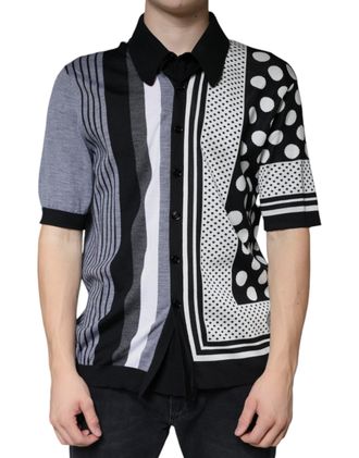 Dolce & Gabbana Mens Mixed-Print Silk-Cotton Blend Polo Shirt Black Virgin
