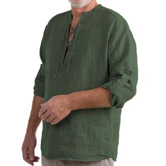 Generic Mens Washed Cotton Linen Shirt Medieval Style with Lace-Up Neckline and Roll Sleeves Loose Fit Casual Top for Themed Events and Vintage Fashion(JN, L)