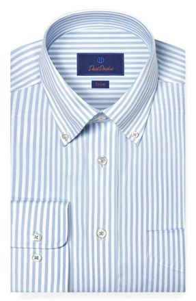David Donahue Trim Fit Stripe Royal Oxford Dress Shirt in White/Sky at Nordstrom, Size 17.5 - 36