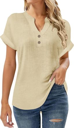 Generic Womens Cotton Linen Shirts UK 2026 Spring Summer Short Sleeve Tops Casual Button V Neck Henley Tee Dressy Comfy Solid Color Loose Fit Blouse Going Out