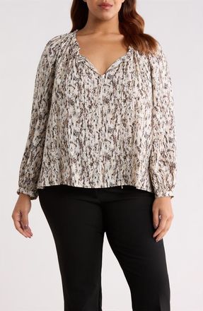 Nordstrom Gathered Tie Neck Top in Ivory- Brown Textural at Nordstrom, Size 1X