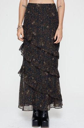 Disturbia Astralis Stripe Ruffle Tiered Maxi Skirt in Black at Nordstrom, Size 14
