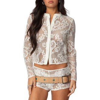 Edikted Peyson Sheer Lace Button-Up Shirt in Cream at Nordstrom, Size X-Small
