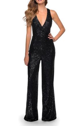 La Femme Long Sequin Jumpsuit with Criss Cross Back in Black at Nordstrom, Size 00