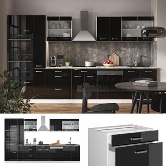 Vicco Mueble De Cocina R-line, Roble Negro Alto Brillo/blanco, 350 Cm Con Armario Alto, Et M&aacute;rmol