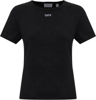 Off-white Ribbed Fitted Embroidered Cotton T-Shirt