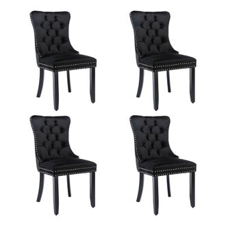 Merax Set of 4 Velvet Button Tufted Dining Chairs with Wood Legs in Black