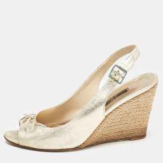 Carolina Herrera Metallic Leather Bow Peep Toe Espadrille Wedge Sandals