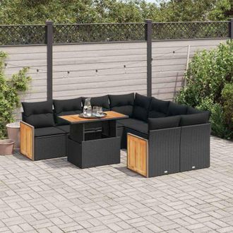 vidaXL Set Sof&aacute;s Jard&iacute;n Y Cojines 9 Pzas Rat&aacute;n Sint&eacute;tico Acacia Negro Vidaxl